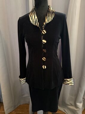 Gina K Black Velvet Jacket with Zebra Accent Collar and Cuffs/black velvet skirt